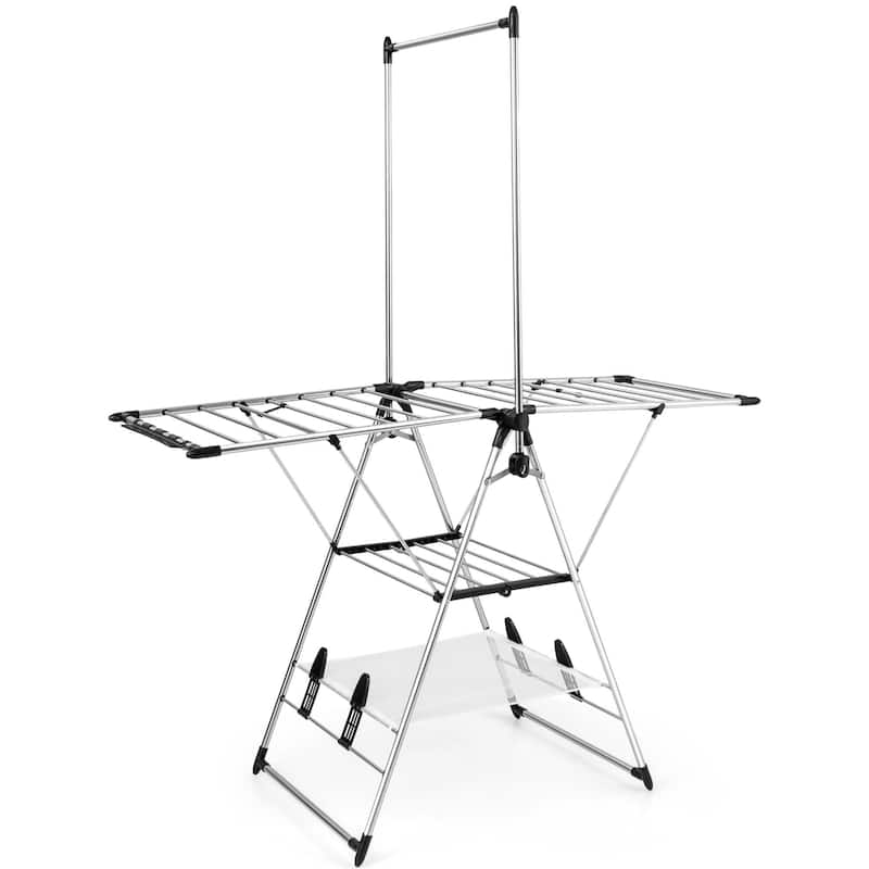2-Layer Aluminum Foldable Drying Rack w/ 2 Height-adjustable Wings - Silver