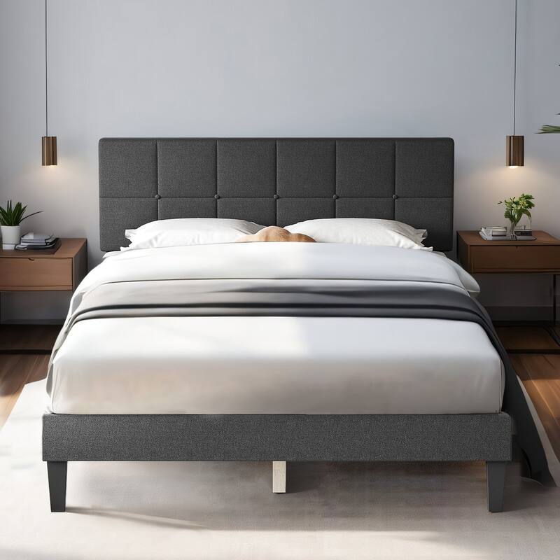 Wood Platform Bed Wood Bed Frame with Headboard, No Box Spring Needed - Dark Gray - Queen