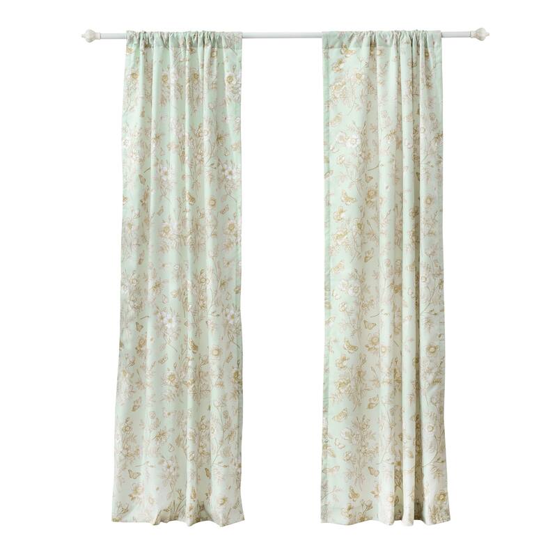 Vola 2 Panel Curtain Set, Light Mint Green Microfiber, Floral Pattern