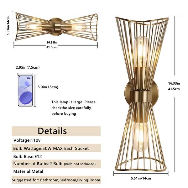 dimension image slide 1 of 2, 2-Light Black/Gold Wall Sconces 16 Inch Modern Wall Sconce - N/A