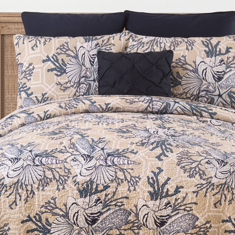 Indigo Sound Coastal Beach Cotton Quilt Set - Reversible and Machine Washable
