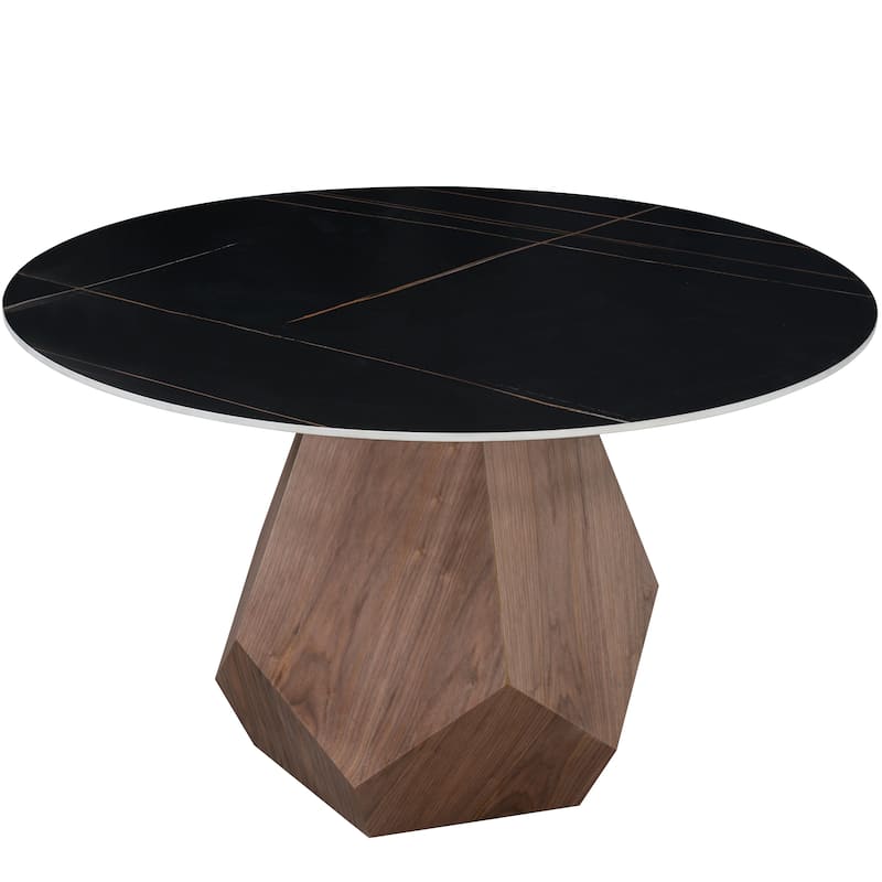 Nebo Round 47" Tempered Glass or Sintered Stone Top Dining Table with Geometric Design Ashwood Pedestal Base Kitchen Table - Black Sintered Stone