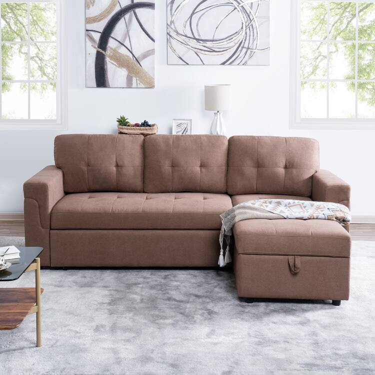 Perry Modern Reversible Sleeper Sectional Sofa with Storage Chaise, Pullout Sleeper Sofa Couch Bed for Living Room