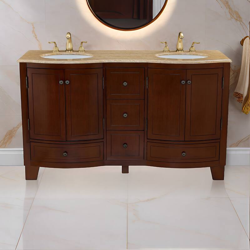 60 in. W x 22 in. D x 36 in. H Dark Cherry Bath Vanity with Double Sink and Brown Travertine Top, Ample storage