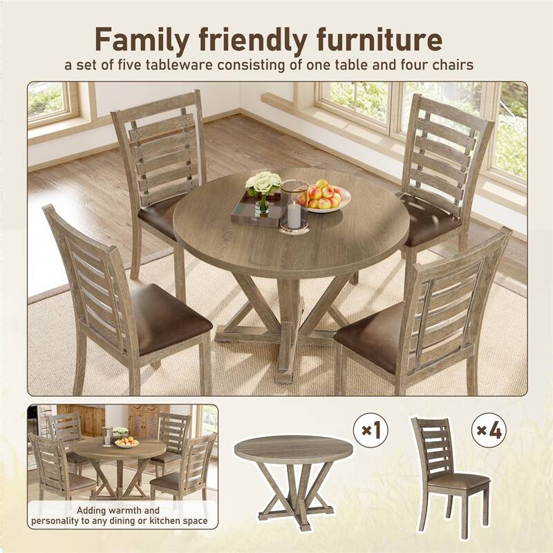 5 PCS Table Set Round Dining Table Solid Wood Modern Farmhouse Rustic