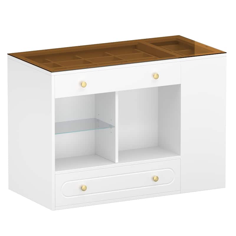 Roomfitters Closet Island with 6 Drawers, Glass Display Top and Open Shelves, Wardrobe Storage and Jewelry Vanity