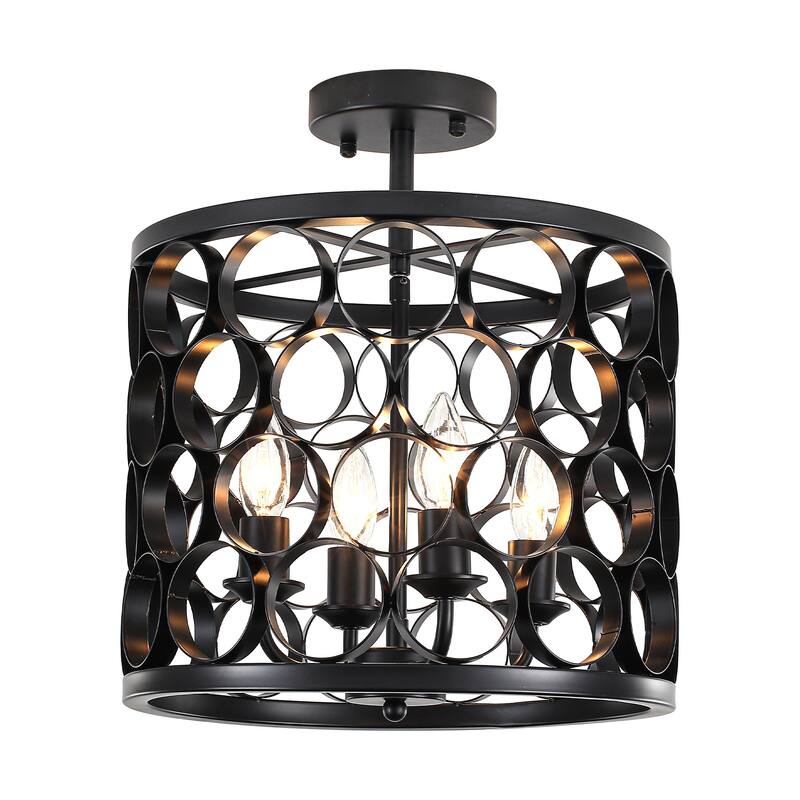 4 - Light Black Metal Ring - Shaped Semi - Flush Mount Ceiling Light - Matte Black
