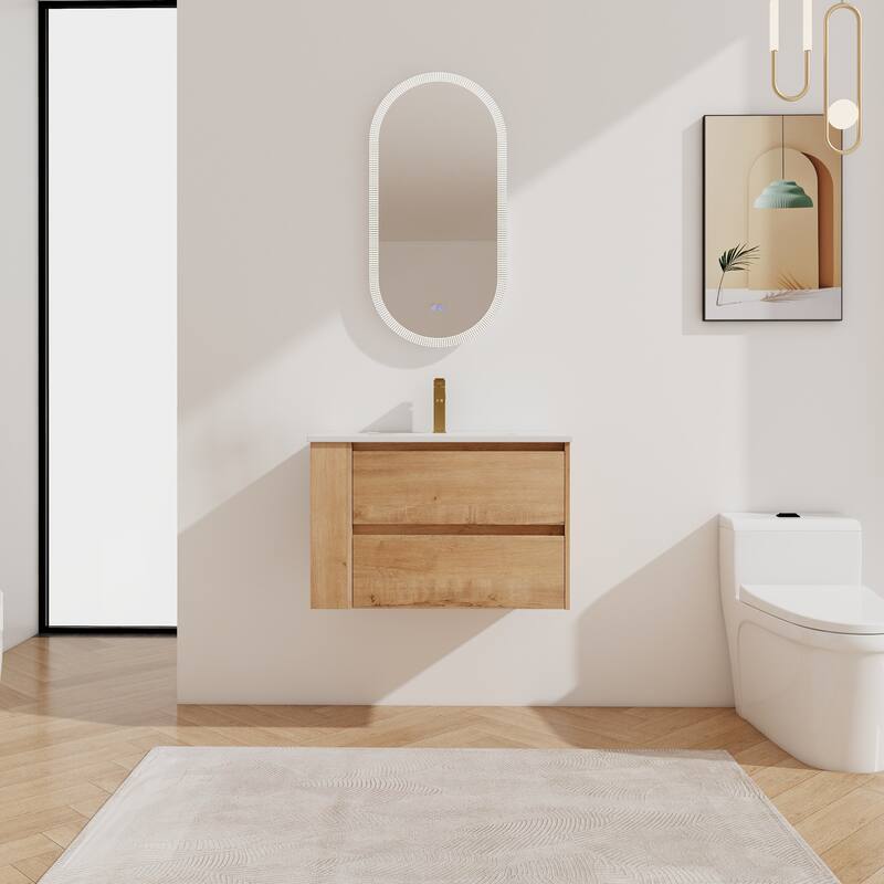 30"Wall Mounting Bathroom Vanity With Ceramic Sink, 2-Soft Close Drawer - Imitative Oak