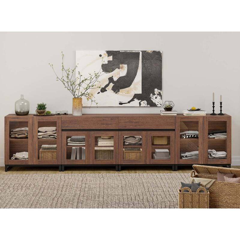 4-in-1 Modern Dresser with 2 Drawers & Glass Doors, Adjustable Shelf & Metal Base Storage Cabinet for Bedroom