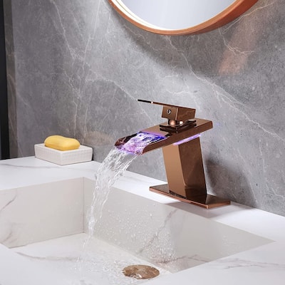Rose Gold Waterfall 3 Color LED Single Handle Bathroom Sink Faucet, Pop Up Brass Overflow Drain