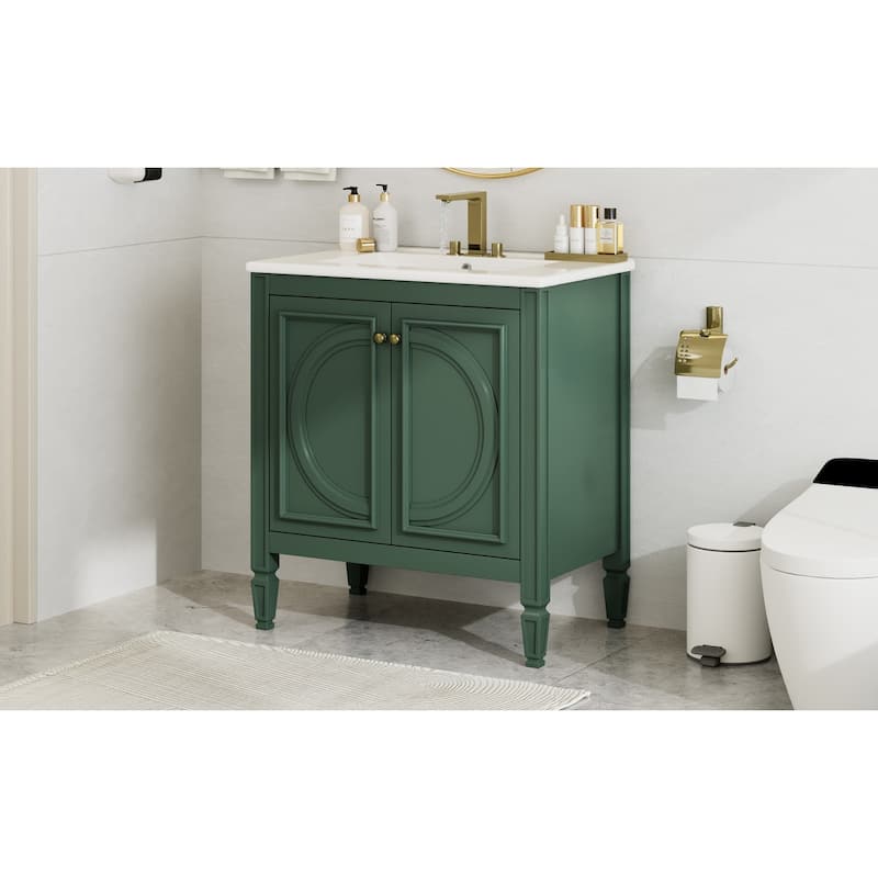 Green 30-Inch Freestanding Vanity with Ceramic Sink, Soft-Close Doors, Adjustable Shelf, and Retro Legs