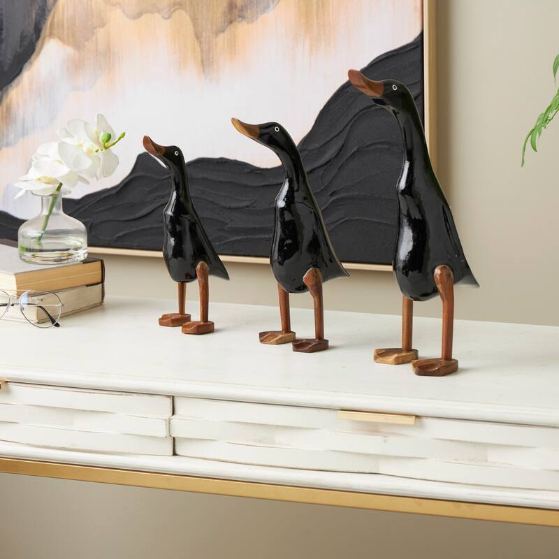 Black Wood Duck Decorative Sculpture with Brown Accents (Set of 3) - Black