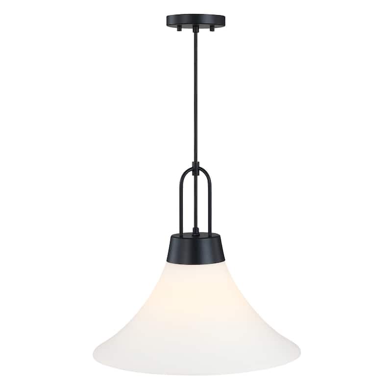 Evergreen Oasis 60 Watt 1-Light Matte Black Down Pendant Light with Etched Opal Glass Shade - 16.5