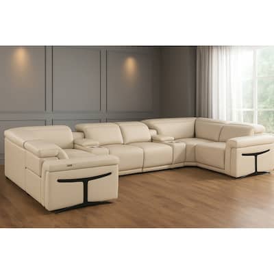 HomeRoots Beige Italian Leather Power Reclining U Shaped Eight Piece Corner Sectional With Console