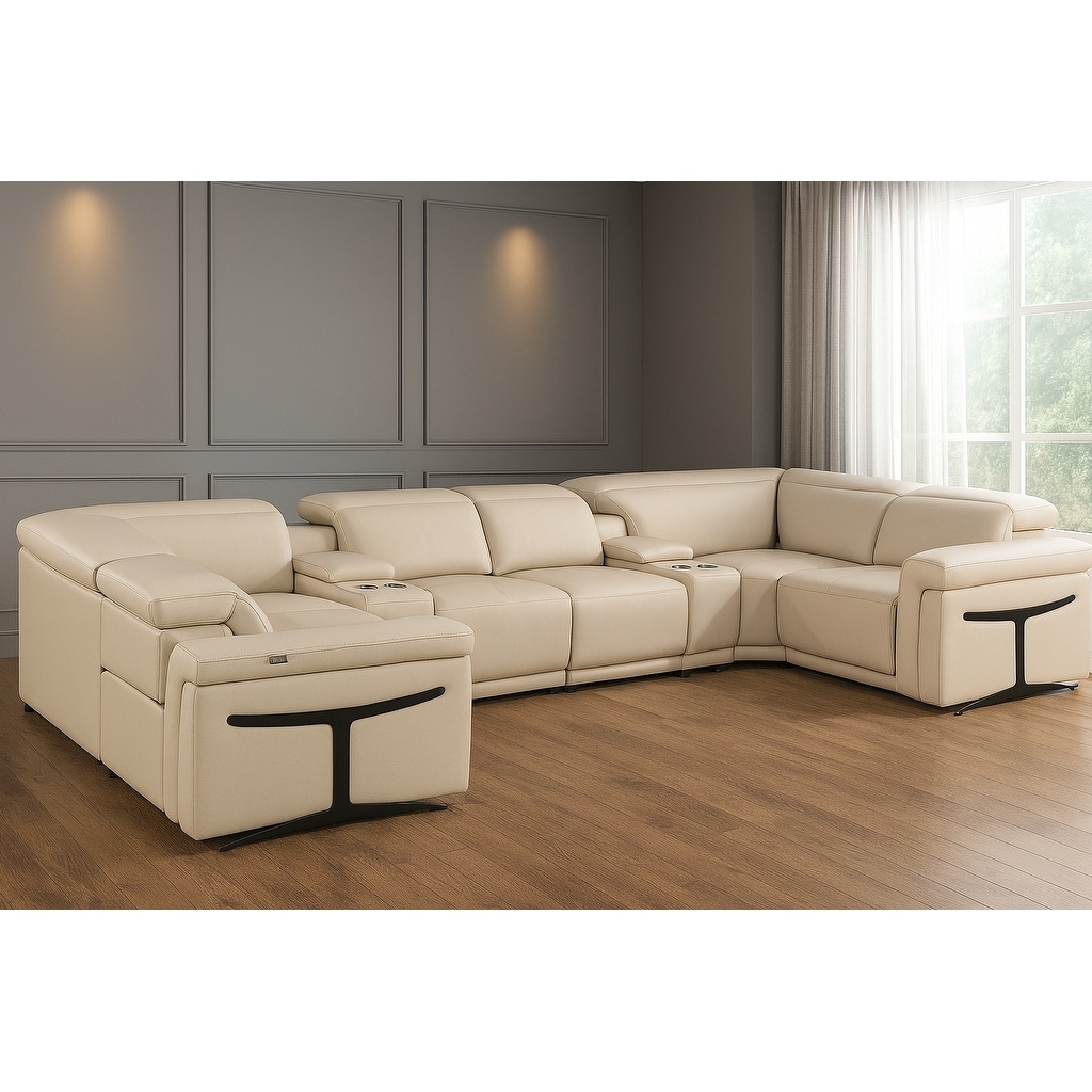 HomeRoots Beige Italian Leather Power Reclining U Shaped Eight Piece Corner Sectional With Console