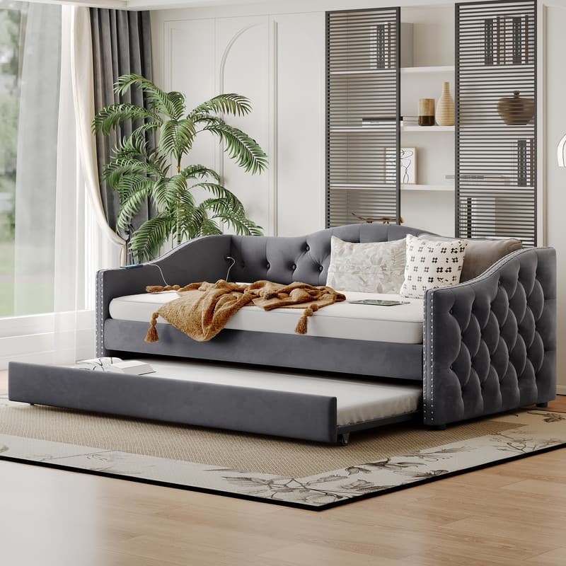 Twin Size Upholstered Daybed with Trundle and USB Charging