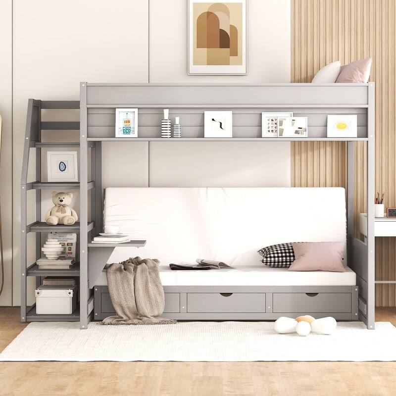 Wood Full Size Convertible Bunk Bed with Storage Staircase, Bedside Table, and 3 Drawers