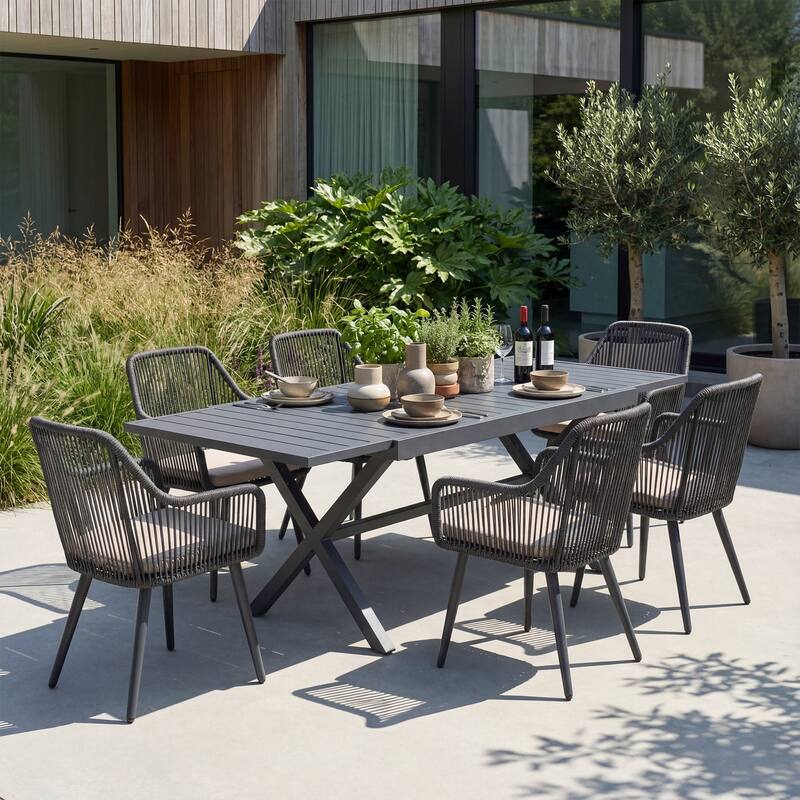 Expandable Aluminum Outdoor Dining Set with 6 Woven Rattan Chairs - Streamlined back