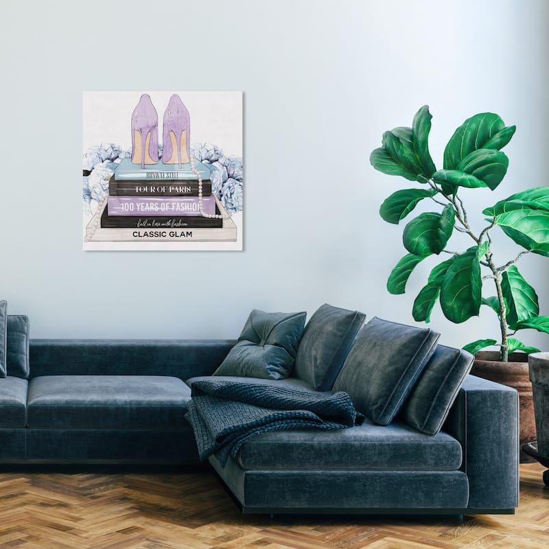 Wynwood Studio Fashion and Glam Lavender Blue Books and Heels Pastel Purple Modern & Contemporary Wall Art Canvas Print - 30 x 30