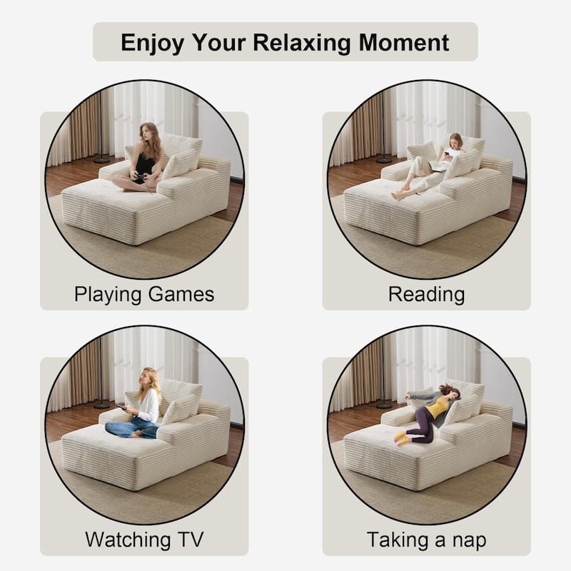 Oversized Chaise Lounge Chair, White Corduroy Sleeper Sofa Daybed, No Assembly Required
