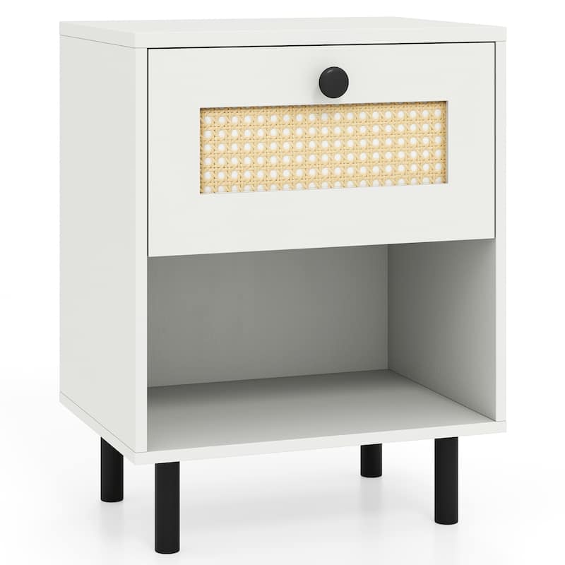 Rattan Nightstand Boho End Table with Rattan Drawer & Open Shelf - White