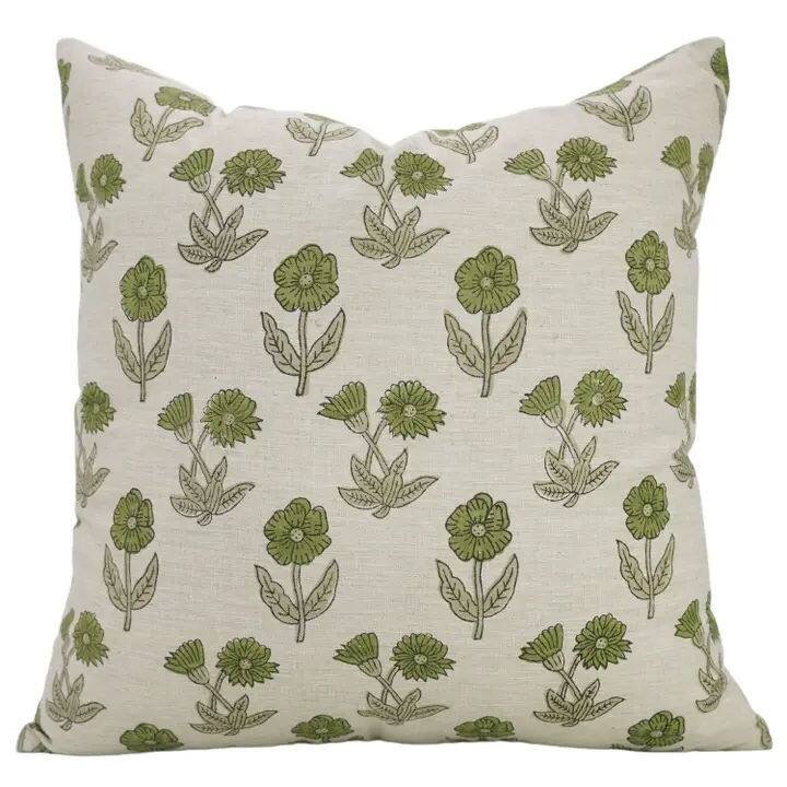 Green Floral Design Block Print Pillow Cover - Kirti