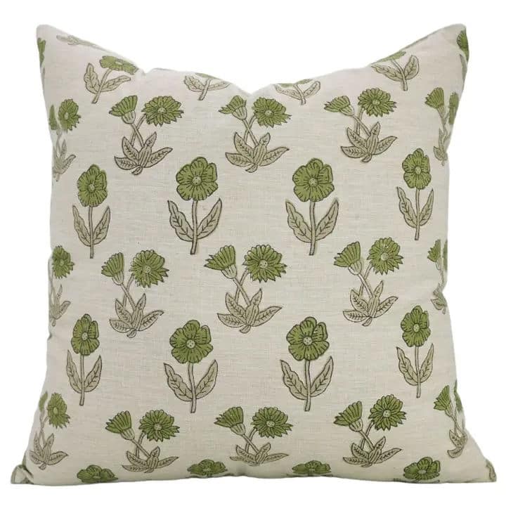 Green Floral Design Block Print Pillow Cover - Kirti