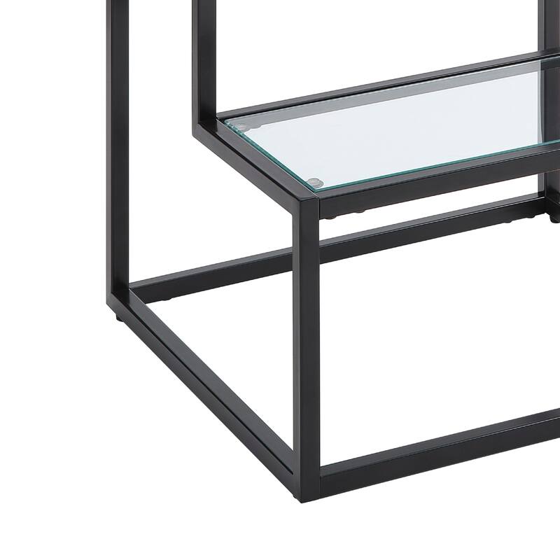 Elena End Table with 2-Tier Design, Glass Top and Shelf, Black Metal