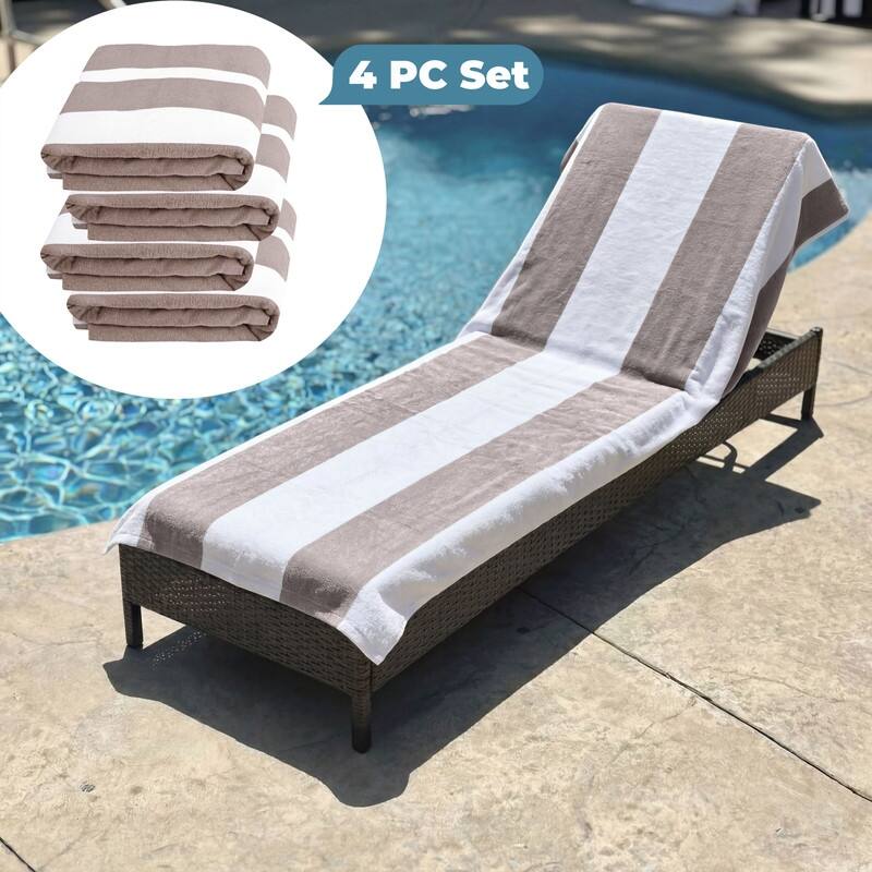 100% Cotton Cabana‑Stripe Lounge Chair Cover Terry Towel with Fitted Pocket & Back Flap Set of 4