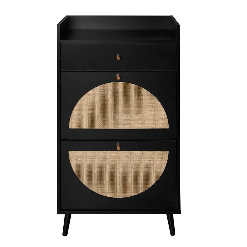 Entryway Shoe Storage Cabinet, Freestanding Rattan Shoe Rack, Shoe Organizer with 2 Flip Drawers & 1 Pull-Out drawer