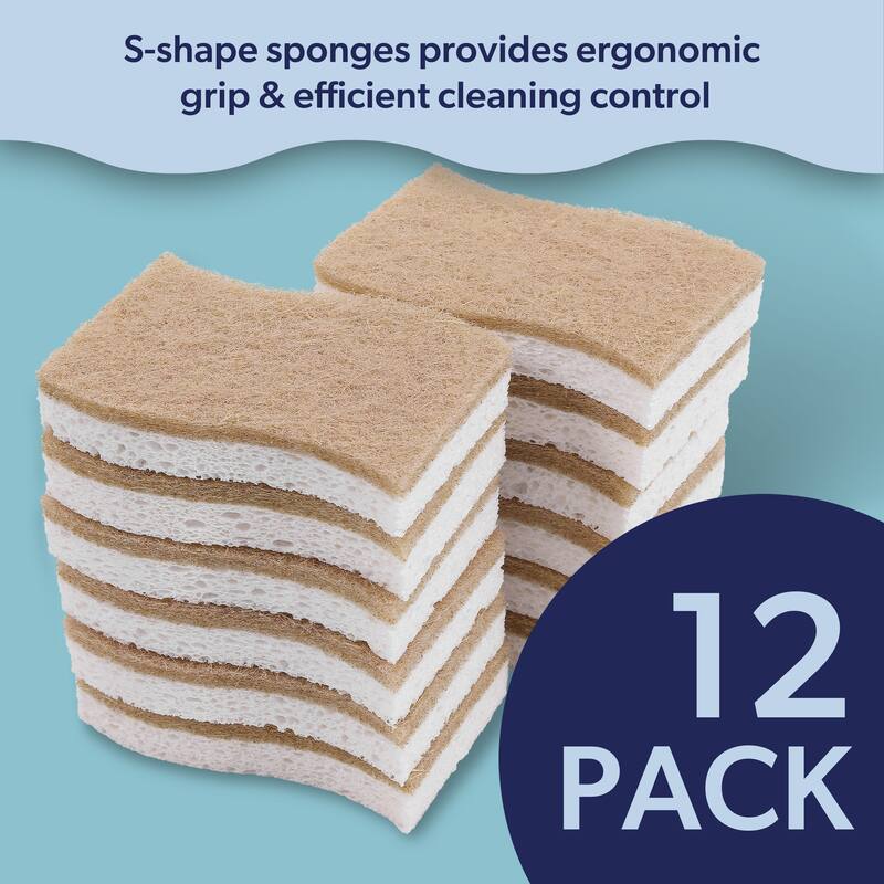 Natural Plant Based Non-Scratch Sisal Hemp/Cellulose Scrubbing Dish Sponge, Beige/White (Set of 12) - 4.33W x 3D x 0.88H
