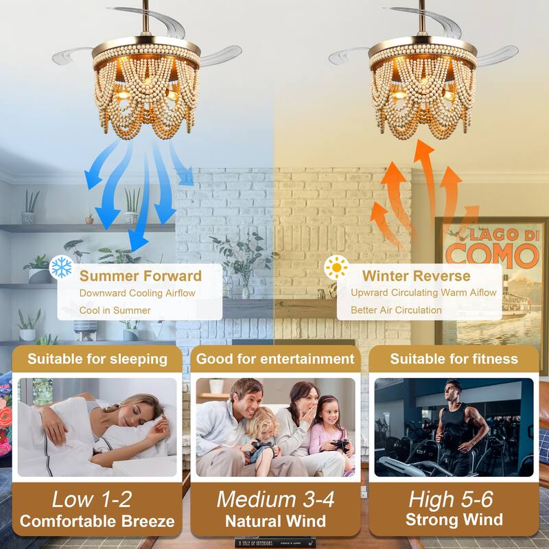 Cusp Barn 42" Retractable Ceiling Fan with Light, Farmhouse Wooden Bead Chandelier, Quiet DC Motor 6 Speeds Bohemian Ceiling Fan