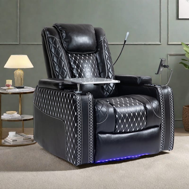 Leather Zero Gravity Recliner Chair with Infinite Position, Smart Cup Holders, and LED Lighting - Black