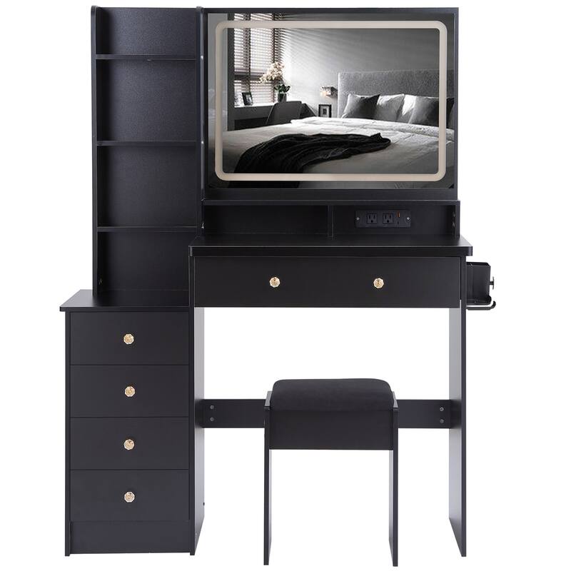 Vanity Desk with Touch Control LED Mirror, Makeup Table with Hair Dryer Stand, Vanity Table Set with Cushioned Stool