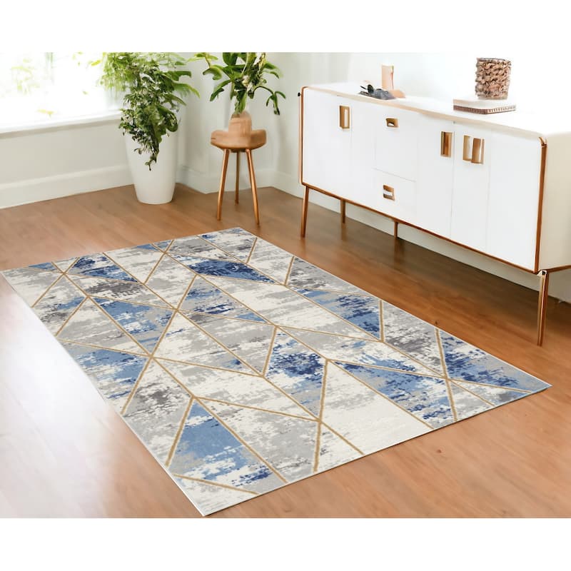 Fisa Power Loomed Geometric Modern Non Skid Stain Resistant Low Pile Area Rug By HomeRoots - 72' X '48' X '0.25 - 72' X '48' X '0.25 - Oxford Blue - Rectangle