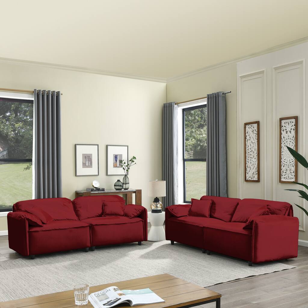 Red Velvet Living Room Sofa Set with Pillows, 3 Seater * 2