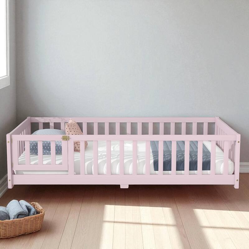 Twin Size Floor Bed with Fence and Door, Rubber Wood Frame with Safety Guardrails