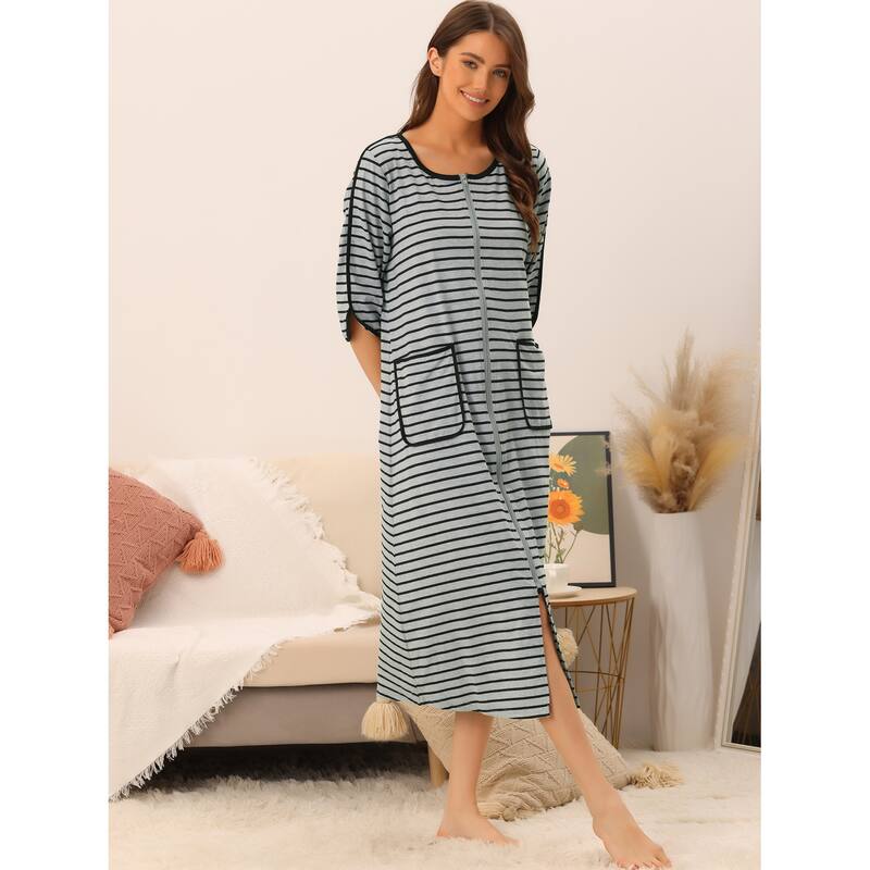 Women's Zip Front Robe 3/4 Sleeve Striped Long Bathrobe House Dress - Grey - M