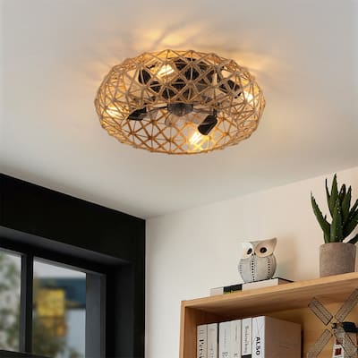 Ceiling-mounted Jute Rope Fan Light Strip with 4 Bulbs and Dimmable, Reversible DC Motor