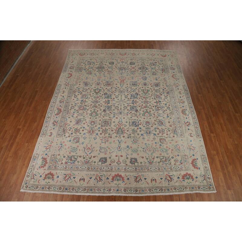 Hand Knotted Oriental 100% Wool Carpet Traditional All-Over Beige & Ivories Tabriz Area Rug - 12' 3'' X 9' 8''