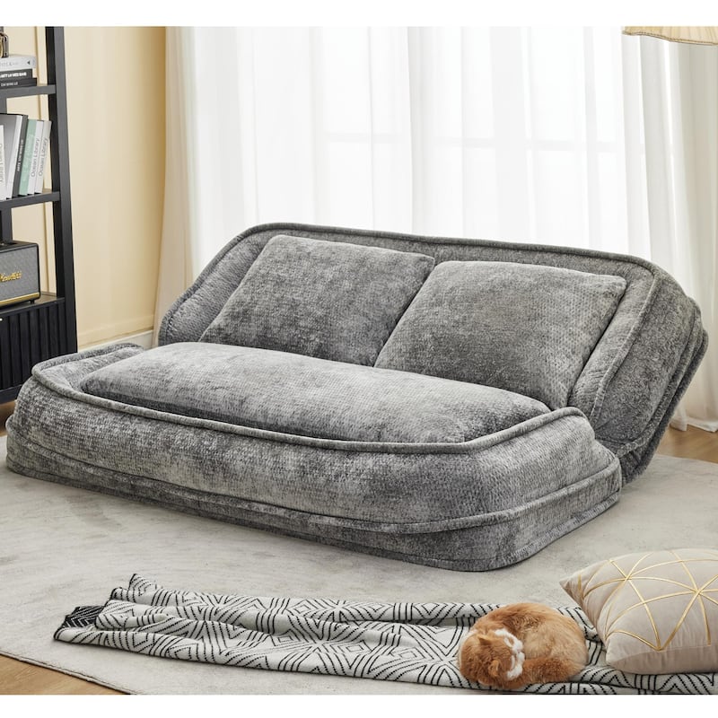 Pet Friendly Lazy Loveseat Sofa 2-in-1 Chenille Floor Couch Double Human Sleeper Bed with 5 Adjustable Position, Plump Pillows