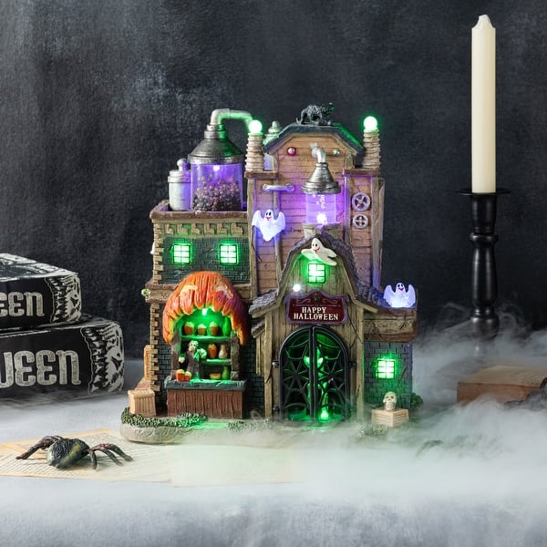 slide 2 of 14, Glitzhome 11"H Lighted Resin Haunted House Table Village Halloween Decorations with Timer