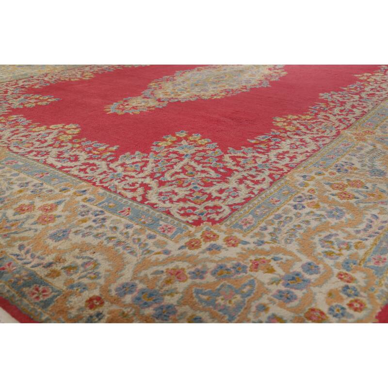 Hand Knotted Oriental 100% Wool Carpet Traditional Floral Pink Kerman Area Rug - 11' 11'' X 8' 6''
