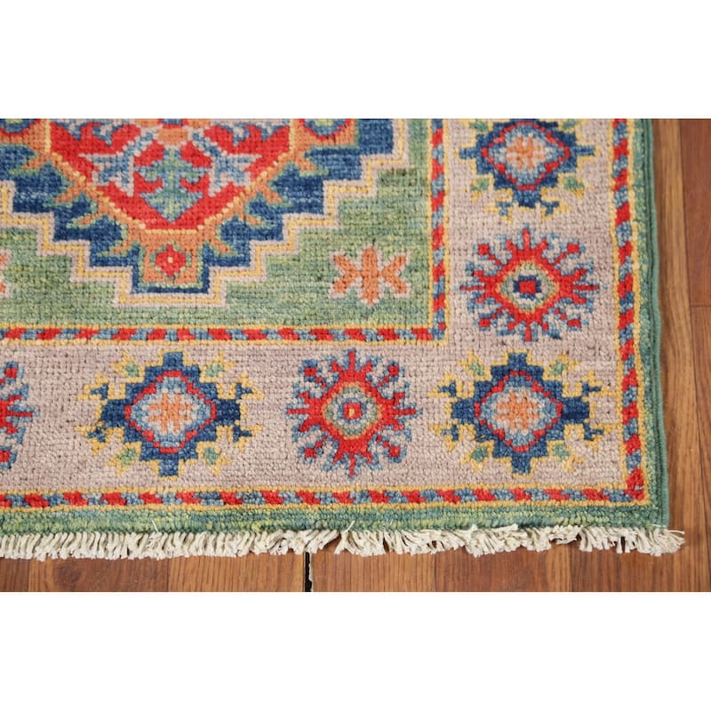 Green Geometric Kazak Accent Rug Hand-Knotted Wool Carpet - 2'0"x 2'11"
