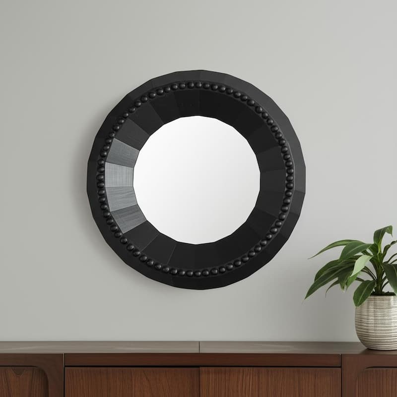 HomeRoots 30" Black Solid Wood Faceted And Beaded Round Framed Accent Mirror - 29.92 in. x 29.92 in. x 3.86 in. - 29.92 in. x 29.92 in.  x 3.86 in.