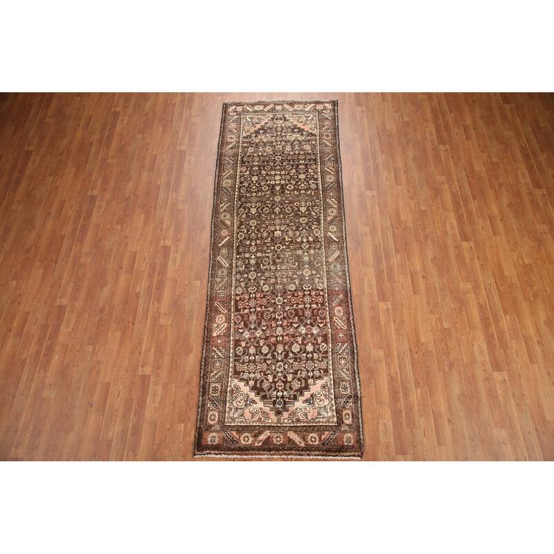 Hand Knotted Oriental 100% Wool Carpet Traditional Geometric Brown Malayer Runner Rug - 10' 2'' X 3' 3''