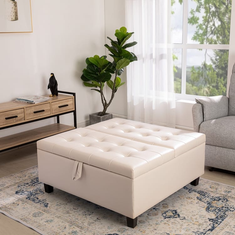 35-Inch Air Leather Tufted Upholstered Lift-Top Ottoman Bench, Large Square Storage Coffee Table for Living Room