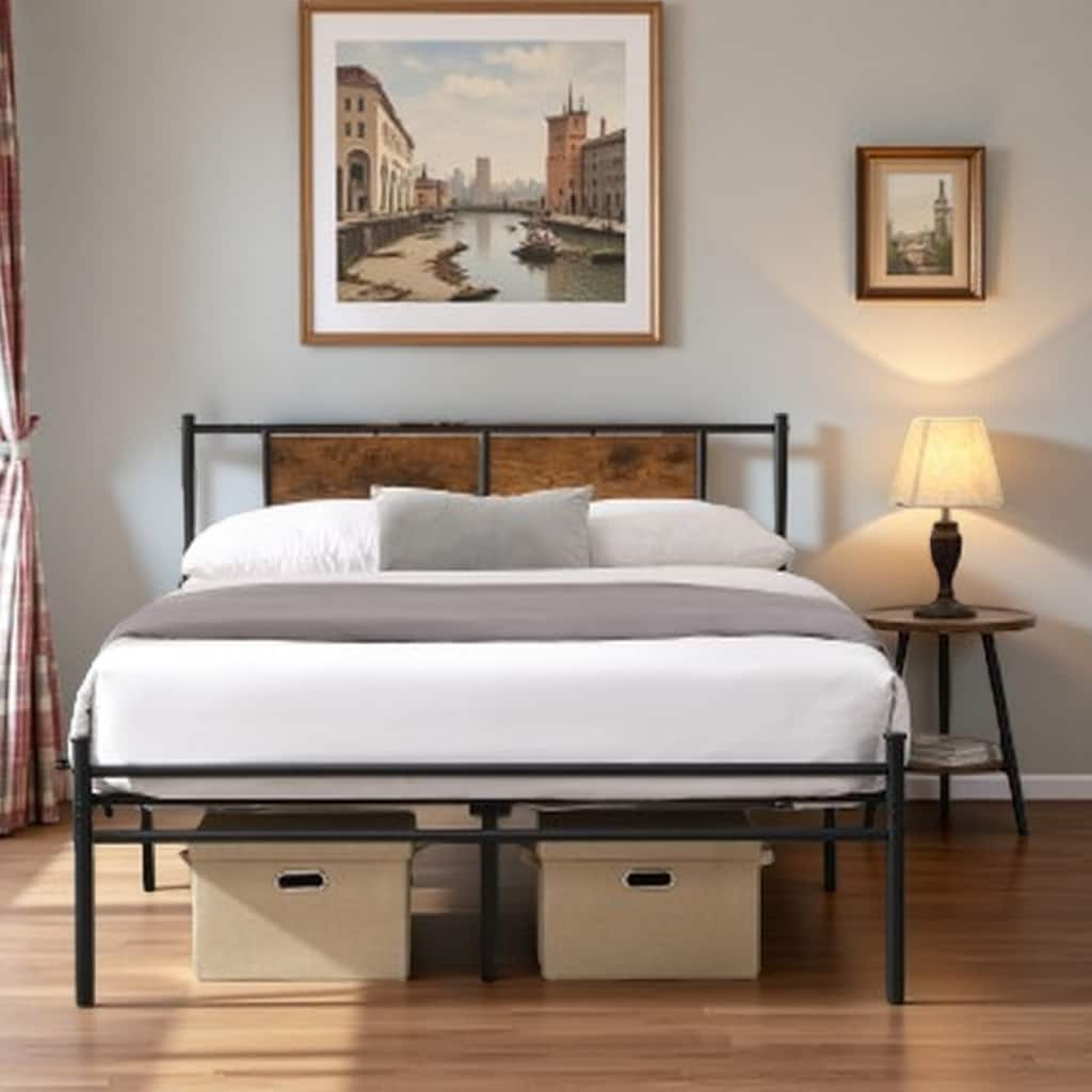 Queen Size Metal Bed Frame with Wood Panel Headboard, Sturdy Steel Structure, Under-Bed Storage, No Box Spring Needed