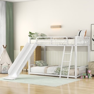 Twin Over Twin Metal Bunk Bed with Slide and Ladder for Kids, White
