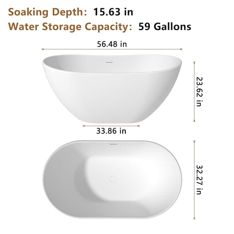 CASAINC Matte White Soaking Bathtub Solid Surface Stone Bathtub with Center Drain